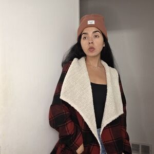 Jolt Red and Black Plaid Teddy Jacket with Cream Lining